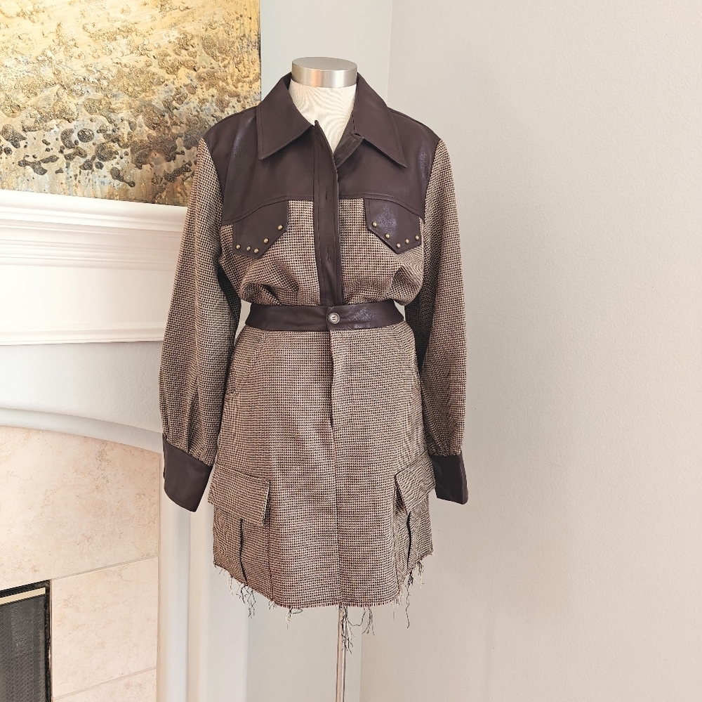 Plaid & Faux Leather Two-Piece Set – Oversized Jacket + Mini Skirt (New, No Tags